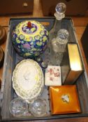 A box of miscellaneous, to include ginger jar, decanters etc.