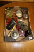 Box of assorted, including an Imperial Service medal ink well etc.
