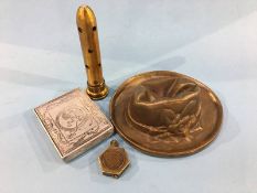 Cigarette tin, lighter, slouch hat ashtray and a tracer bullet cartridge