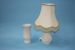 A Belleek vase and table lamp