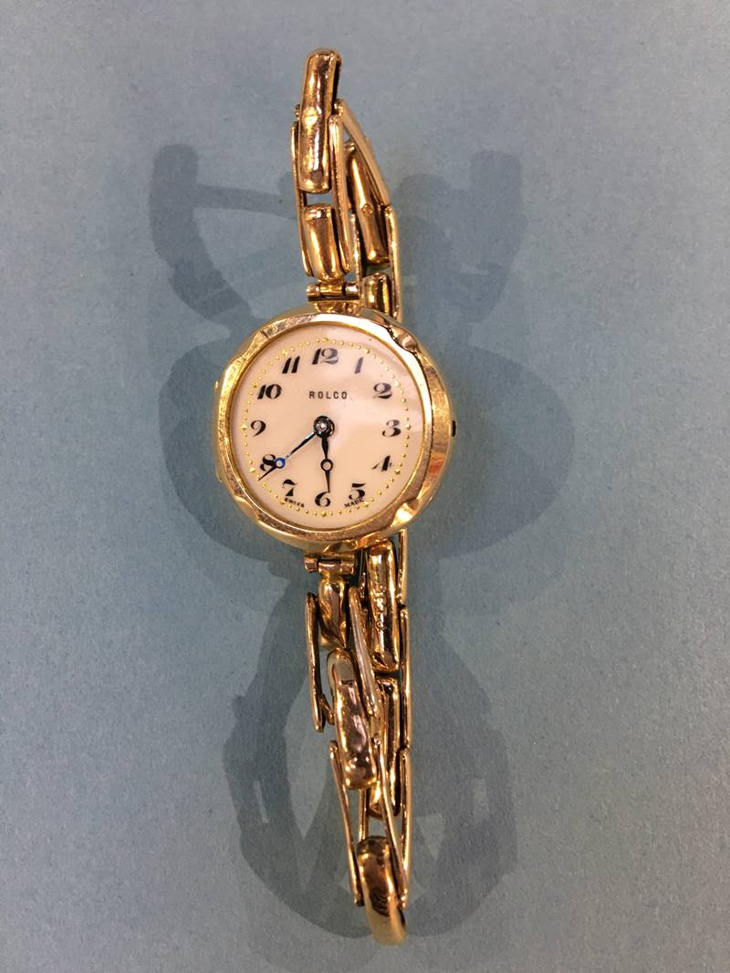 A ladies 9ct gold wristwatch, face and movement signed Rolco, with case, stamped RWL Ltd