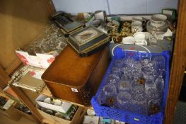 Oak sewing box, two boxes of glass, barometer etc.