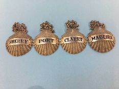 Four decanter labels, 'Madeira', 'Claret', 'Port' and 'Sherry