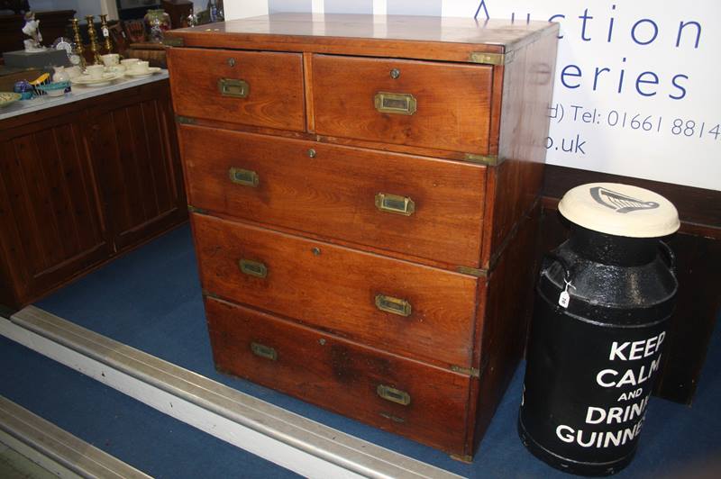 A 19th Century mahogany Campaign chest, having two short and three long drawers with brass bands