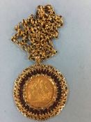 Full sovereign, dated 1901, in 9ct gold mount and chain, 30g total