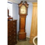 An oak cased long case clock, with painted dial, eight day movement, two subsidiary dials