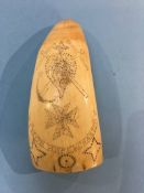 Scrimshaw, an engraved whales tooth, decorated with a portrait of a gentleman and 'Faith, Hope and