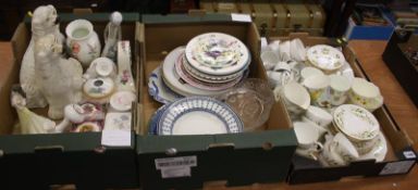 Three boxes of china, Staffordshire dogs etc.