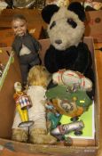 A box of vintage toys, ventriloquist dummy etc.