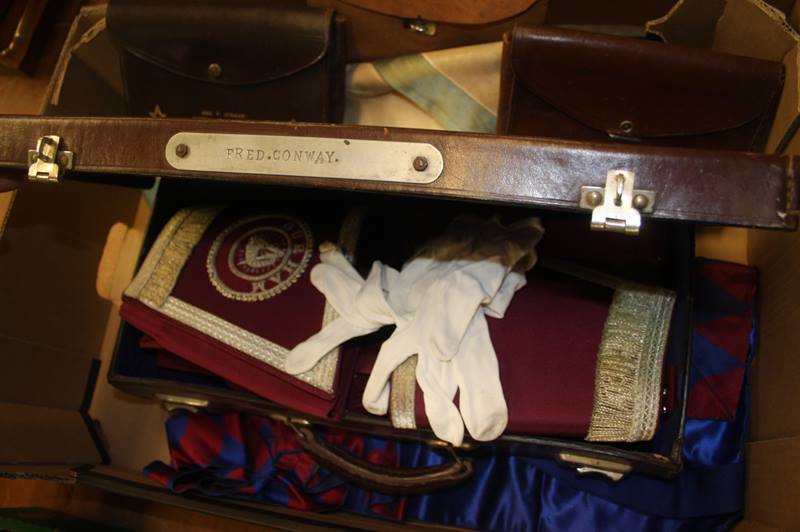 A box of Masonic paraphernalia, aprons etc. - Image 2 of 2