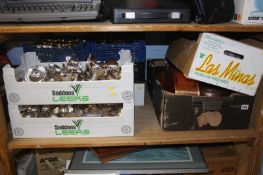 Shelf of assorted silver plate etc