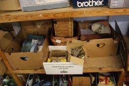 A shelf of miscellaneous to include novelty sign 'We buy junk and sell antiques'