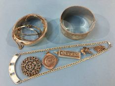 Two silver bangles, two silver pendants, a pendant and chain etc., weight 164g/5.2oz