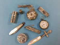 Collection of assorted silver, including pocket watches, a cigar cutter, scent bottle etc.