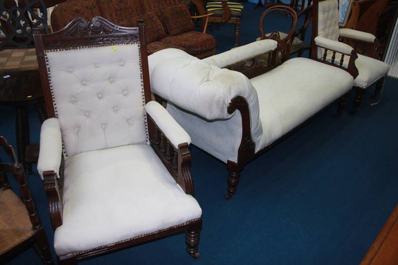 An Edwardian chaise longue and a pair of armchairs