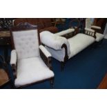 An Edwardian chaise longue and a pair of armchairs