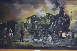 Cavan Corrigan, (20th century), oil on board, signed, 'Steam trains', 59cm x 122cm