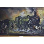 Cavan Corrigan, (20th century), oil on board, signed, 'Steam trains', 59cm x 122cm