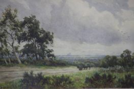 Ralph Halfnight, watercolour, signed, 'Landscape with horse and cart, with ruins in the distance',