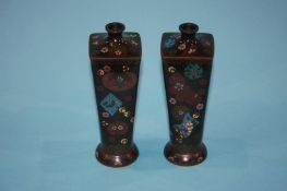 A pair of Japanese cloisonne square tapering vases, 28cm height