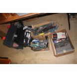 A quantity of power tools, folding chairs, toolboxes etc.
