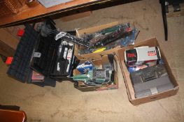 A quantity of power tools, folding chairs, toolboxes etc.