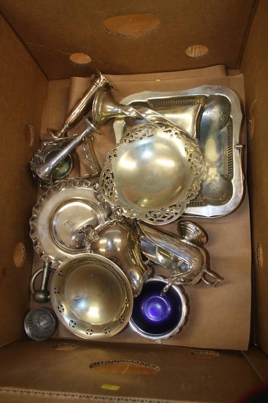 A box of decorative silver plate etc.