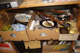 Quantity of walking sticks and three boxes of china, brass etc.