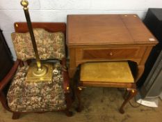 Piano stool, Singer sewing machine, oak chair etc.