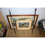 Two military prints, carved walking stick etc.