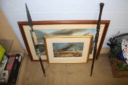 Two military prints, carved walking stick etc.