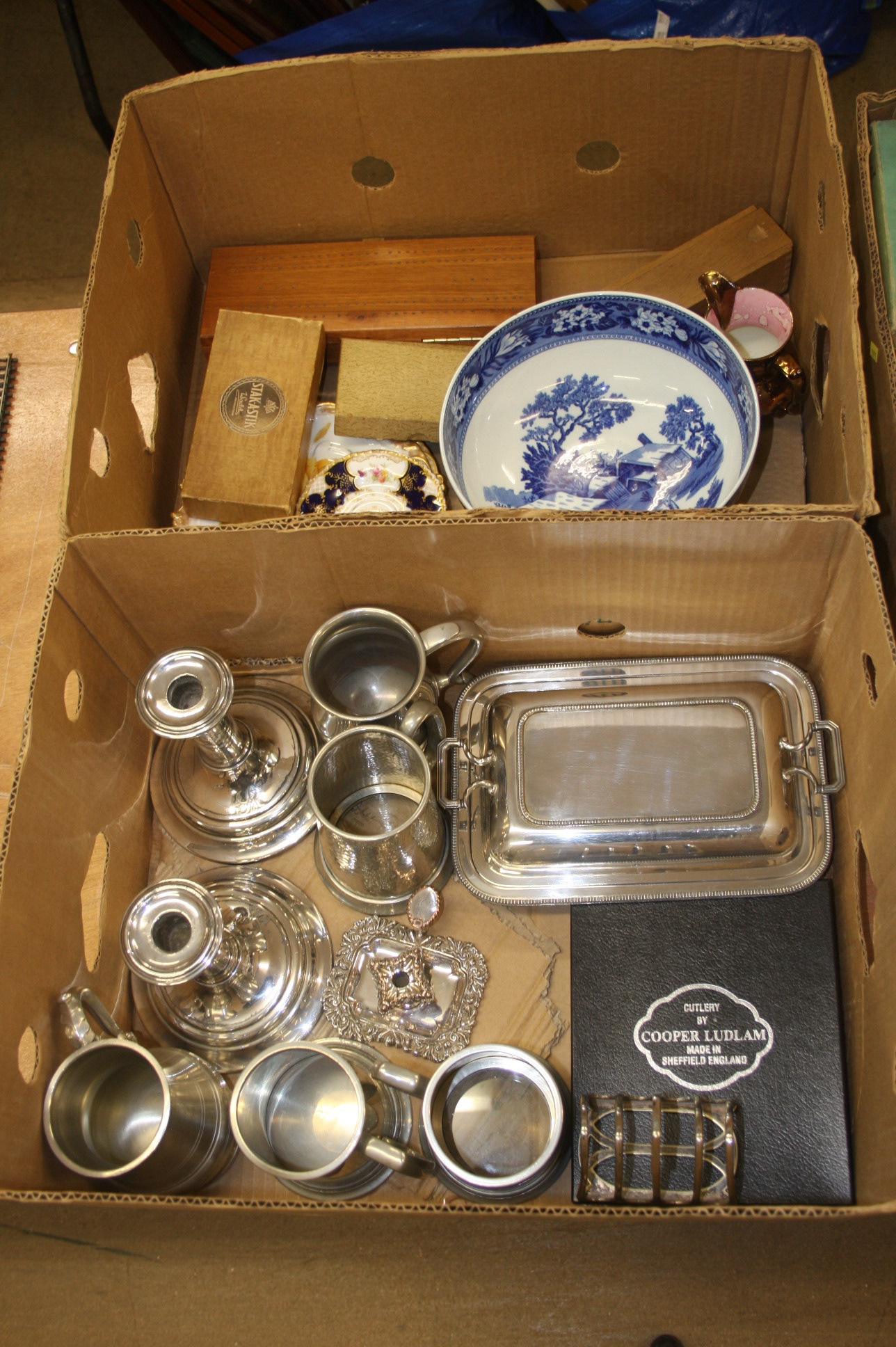 Two boxes assorted, including silver plate