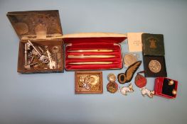 Tray of assorted, including pens, cap badges etc.