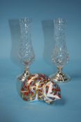 A Royal Crown Derby paperweight of cat and a pair of silver mounted and glass spill vases