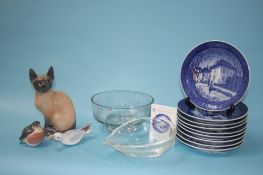 Nine Royal Copenhagen year plates, Copenhagen cat, two birds etc.