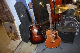 A Sigma acoustic guitar and case, a Tanglewood and case and an amp