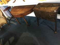 A mahogany wine table, a mahogany D-end table and a carved oak table