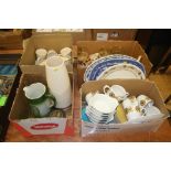 Four boxes of assorted china, including blue and white meat plate