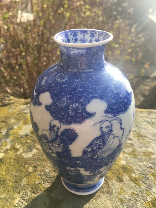 A pair of Chinese blue and white vases, decorated with figures, 17.5cm height and a tall blue and - Image 3 of 19