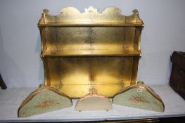 Gold coloured wall shelf and three painted console tables