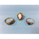 Two 9ct gold rings and a yellow metal cameo ring, 6.3g total