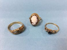 Two 9ct gold rings and a yellow metal cameo ring, 6.3g total