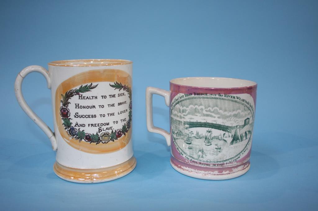 A Victorian Sunderland orange lustre 'Frog' tankard and a purple lustre tankard (2) - Image 2 of 4