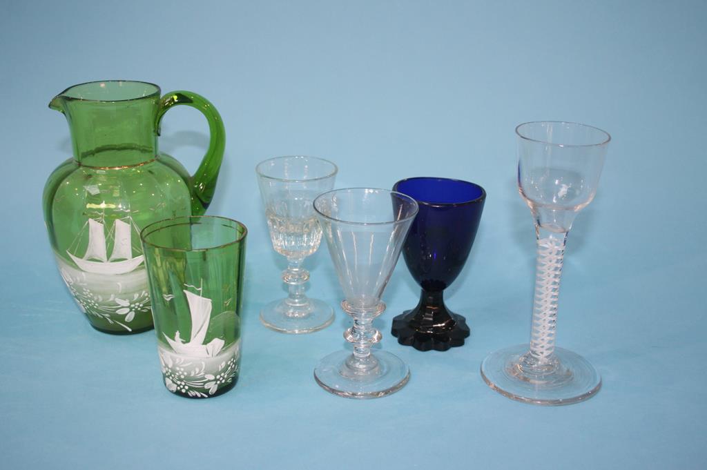 A 19th century drinking glass, with bell shaped bowl, double opaque spiral twist, oversized foot,