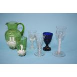 A 19th century drinking glass, with bell shaped bowl, double opaque spiral twist, oversized foot,