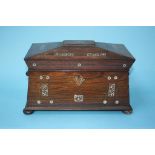 A 19th century rosewood and mother of pearl inlaid tea caddy on bun feet, 31cm