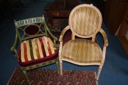 A green painted carver chair and a French style open armchair