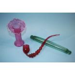 Victorian cranberry 'Jack the pulpit' vase, a rolling pin and glass pipe