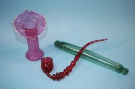 Victorian cranberry 'Jack the pulpit' vase, a rolling pin and glass pipe