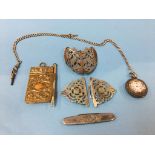 An aide memoire, Continental pocket watch, buckles etc.